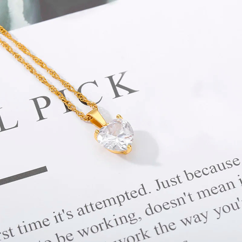 Goth Heart Necklace for Women Friend Gold Color Stainless Steel Chain Pink Zircon Heart Couple Pendant Necklace Wedding Jewlery