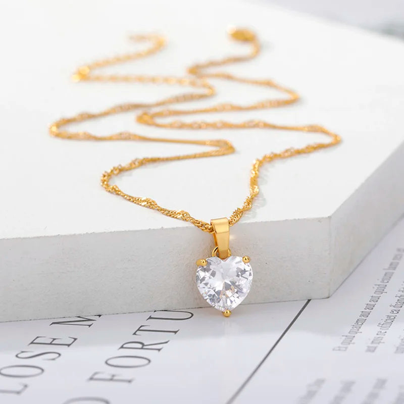 Goth Heart Necklace for Women Friend Gold Color Stainless Steel Chain Pink Zircon Heart Couple Pendant Necklace Wedding Jewlery