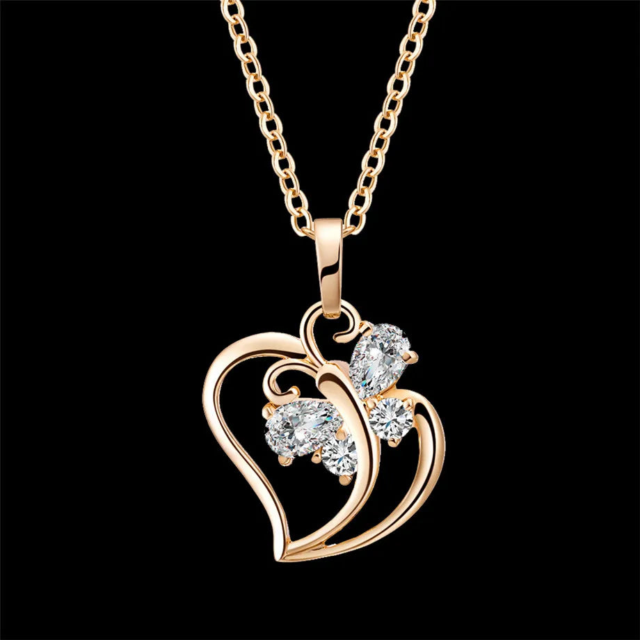 Trendy Cubic Zirconia Butterfly Heart Necklace Pendant 45Cm Female Gold Color Neck Chain for Women Jewelry Collier Femme 2023