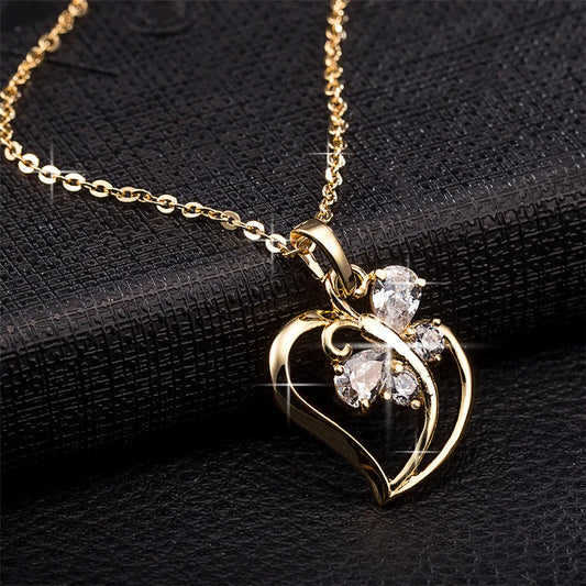 Trendy Cubic Zirconia Butterfly Heart Necklace Pendant 45Cm Female Gold Color Neck Chain for Women Jewelry Collier Femme 2023