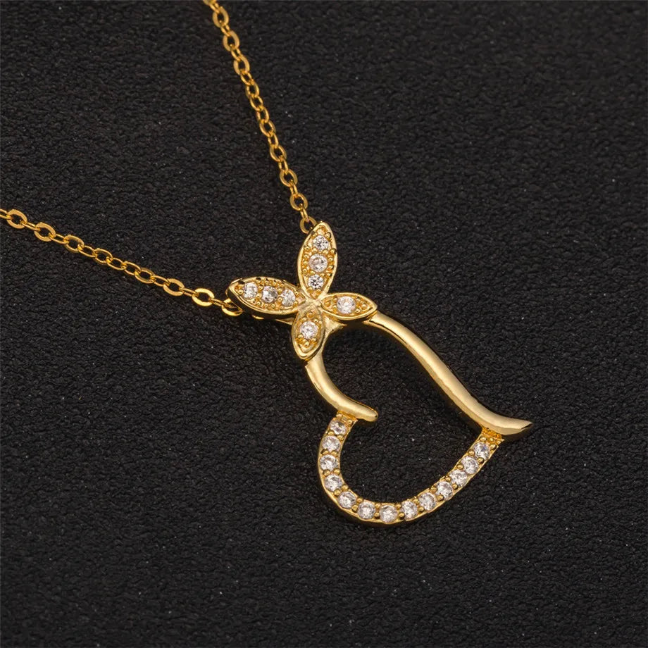Trendy Cubic Zirconia Butterfly Heart Necklace Pendant 45Cm Female Gold Color Neck Chain for Women Jewelry Collier Femme 2023