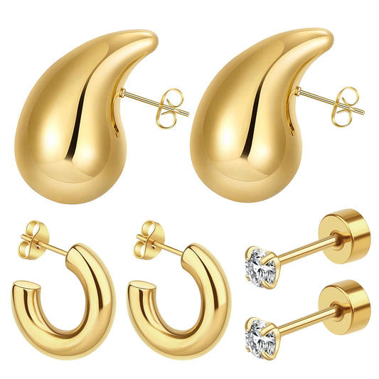 3 Pairs Gold Earrings Set,  14K Gold Plated Multipack Huggie Hoop Earrings for Women