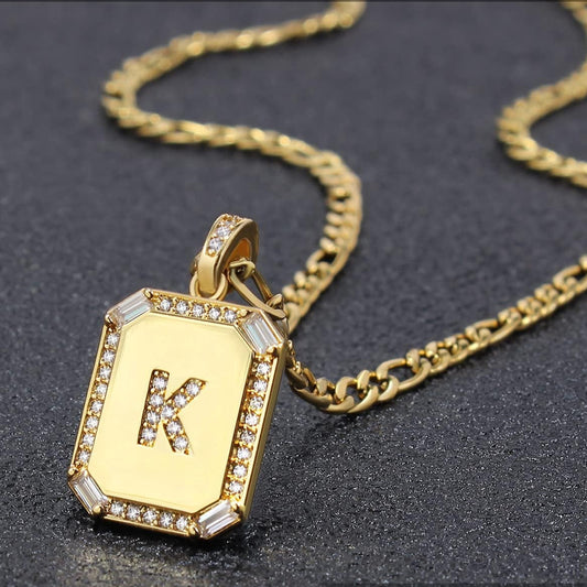 Gold Initial Necklaces for Women,Letter Necklace for Women Girls,Rectangle Necklace with Letters Monogram 18K Gold Plated Alhpabets 26 Pendant Womens Necklace Christmas Jewelry