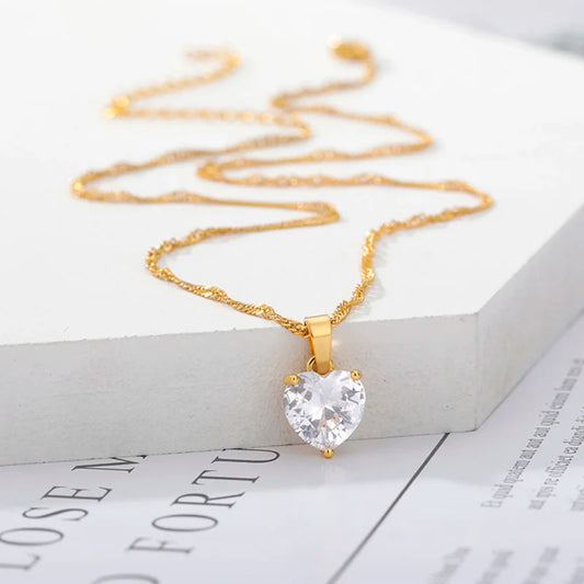 Goth Heart Necklace for Women Friend Gold Color Stainless Steel Chain Pink Zircon Heart Couple Pendant Necklace Wedding Jewlery